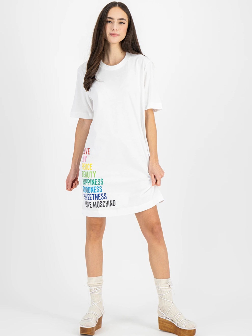 Love Moschino White T-Shirt Dress with Rainbow Text US6 NWOT $200